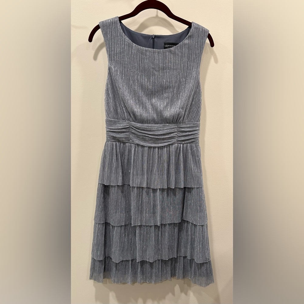 Connected Apparel Sleeveless Silver with Gray underlay Tiered Dress size 8